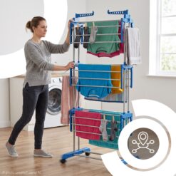 Suszarka Na Pranie Pionowa 3 Poziomy Składana z Kółkami Niebieska 40kg - obrazek 7