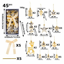 Zestaw 45 srebrno-złotych bombek choinkowych i kokardek z wymiarami