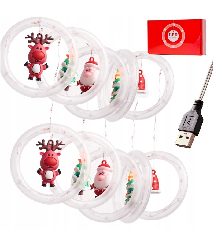Kurtyna świetlna LED USB z wymiennymi figurkami świątecznymi i przewodem zasilającym