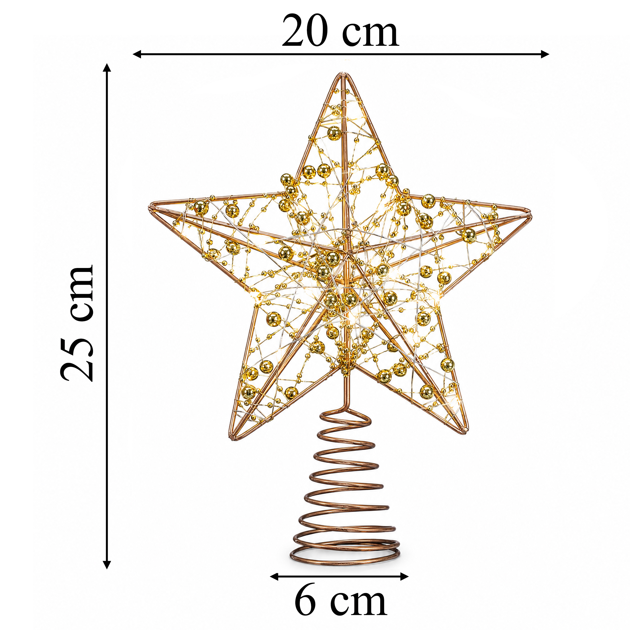 Gwiazda LED na czubek choinki z wymiarami 25 cm, 20 cm i 6 cm