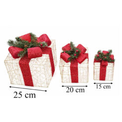 Trzy dekoracyjne pudełka prezentowe LED w rozmiarach 25, 20 i 15 cm